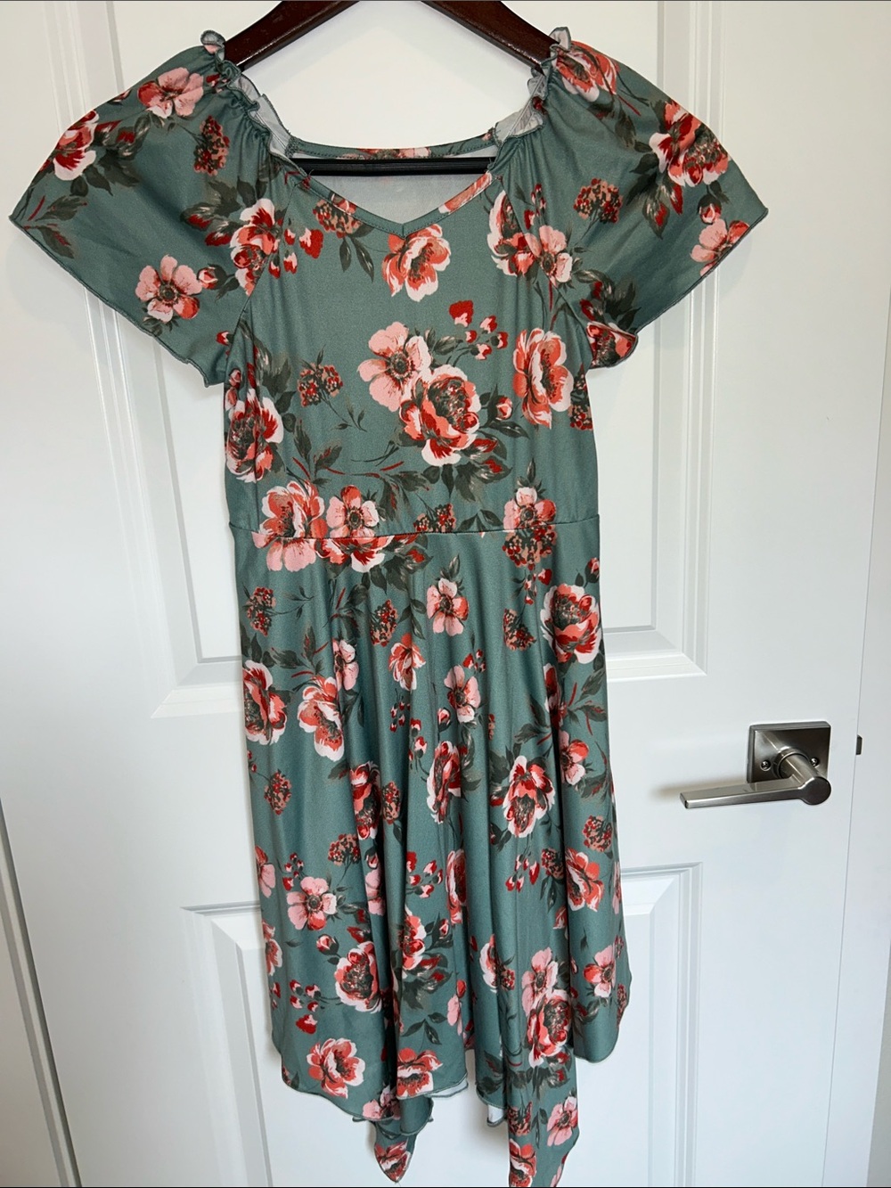 Girls' Floral Midi Dress in Sage Green with Puff Sleeves